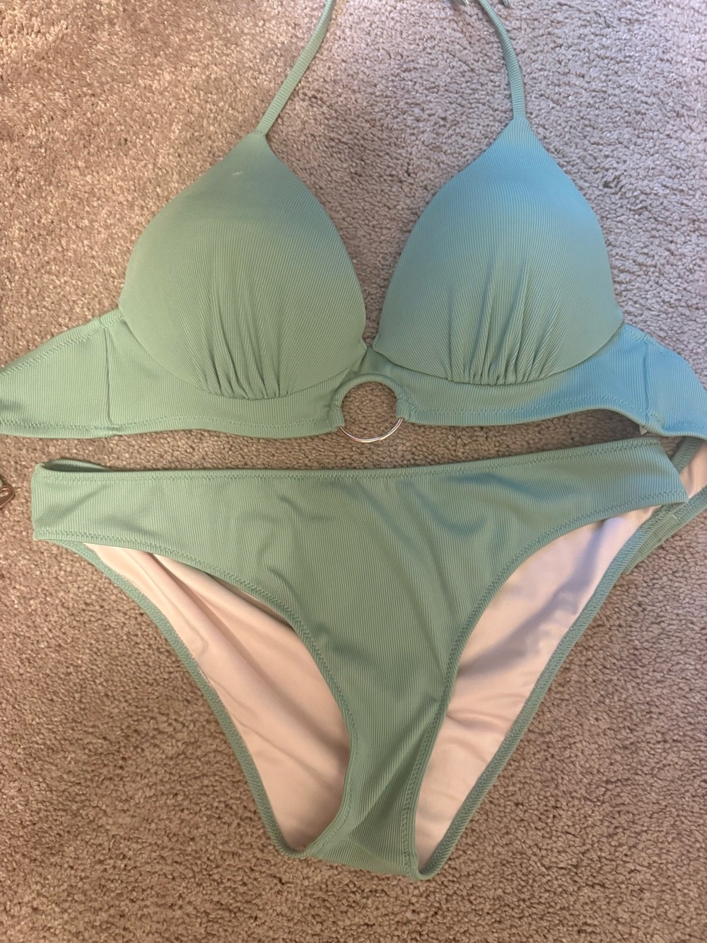 Shade & Shore sage Green Ribbed Bikini set with gold Front Ring